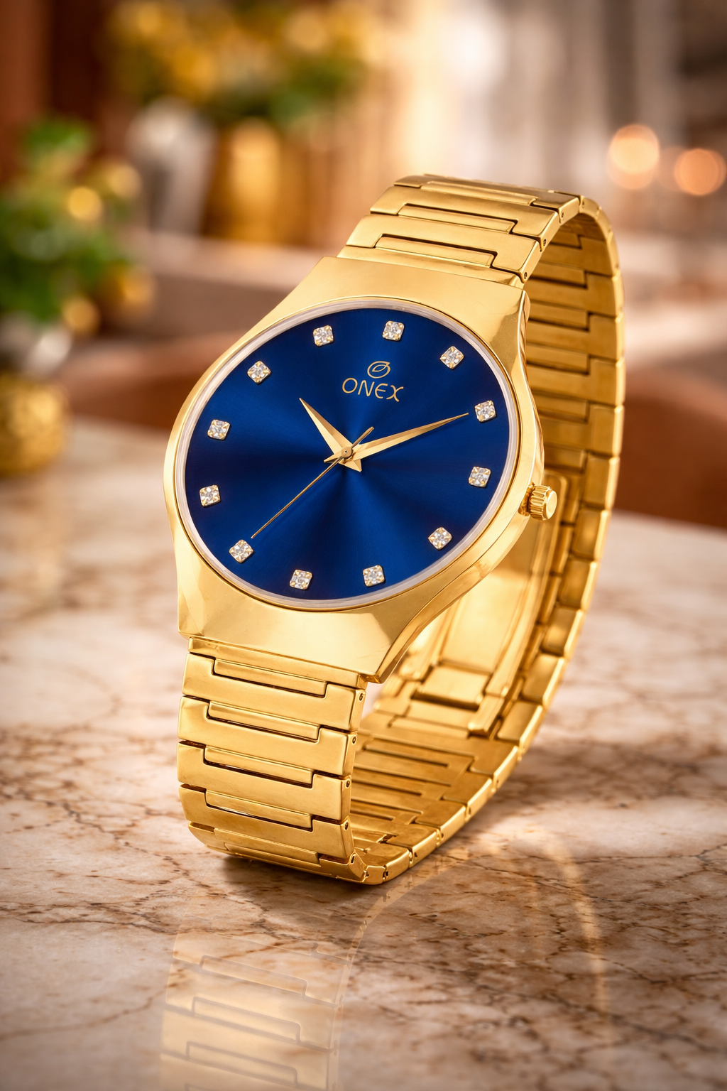 ONEX Premium Gold-Tone Analog Watch with Blue Sunray Dial & Crystal Hour Markers