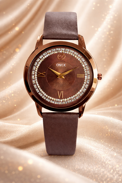 ONEX Men’s Analog Watch with Brown Dial, Crystal Studded Bezel & Brown Leather Strap – Stylish Casual & Formal Wrist Watch for Men