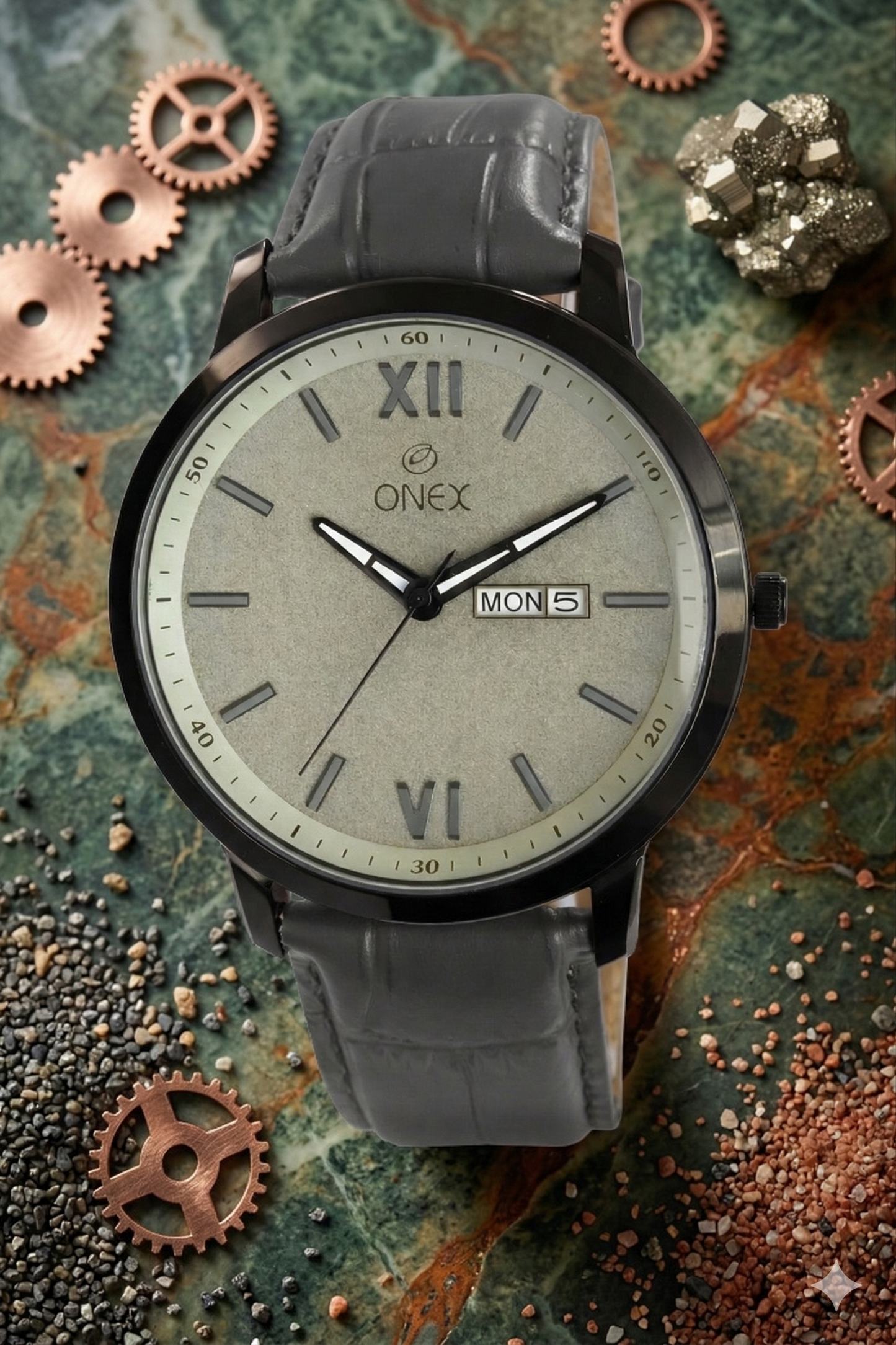 ONEX Men's Day & Date Analog Watch – Grey Dial, Black Case & Grey Leather Strap