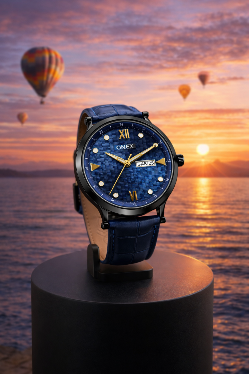 ONEX Men’s Analog Watch with Day & Date Display, Blue Textured Dial, Blue Leather Strap, Roman Index – Stylish Formal Wrist Watch for Men