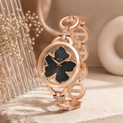 ONEX Rose Gold Women’s Bracelet Watch with Black Textured Dial & Crystal Accents
