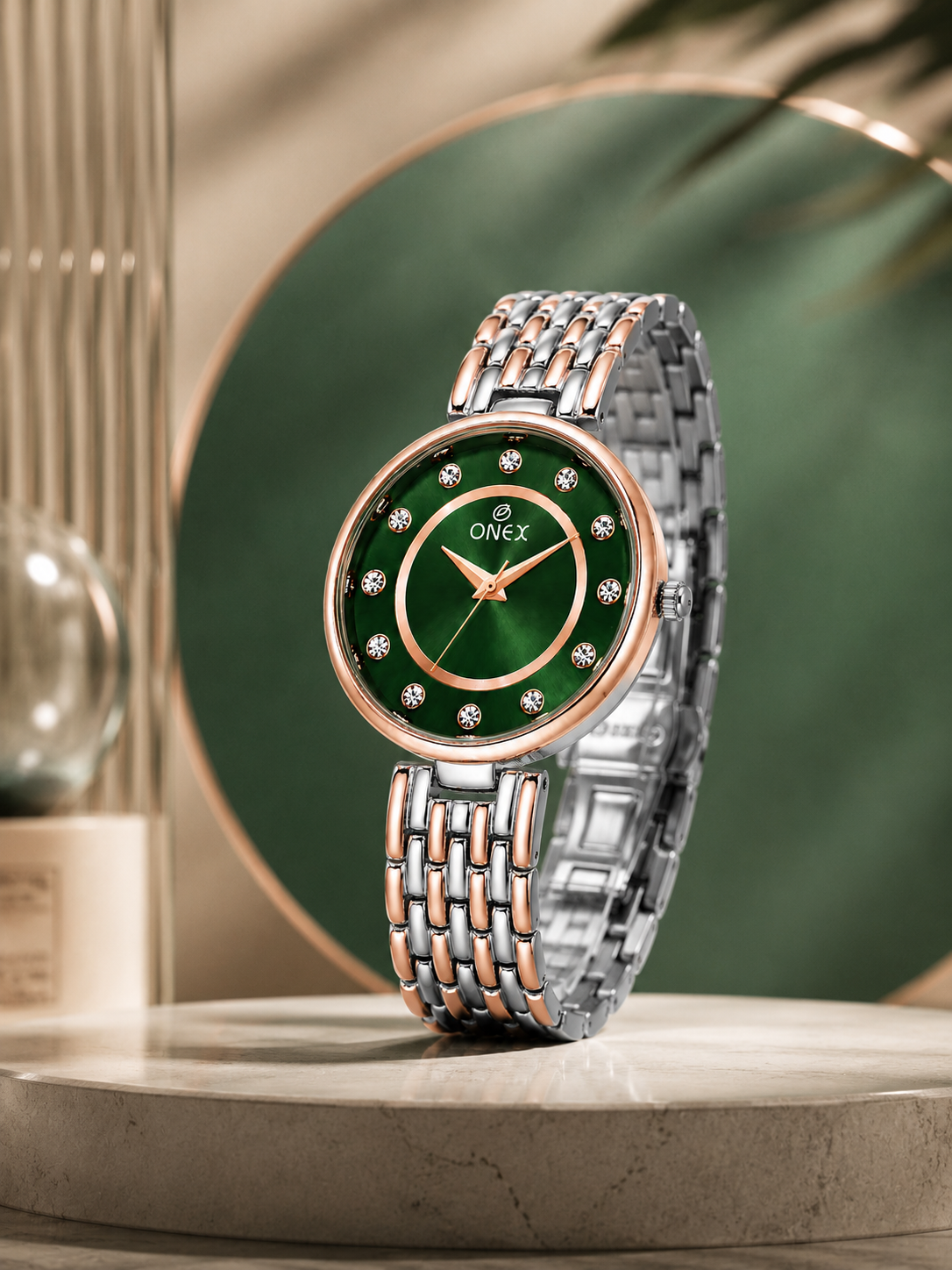 Onex Women’s Green Analog Watch with Crystal Studded Dial & Dual Tone Bracelet Strap