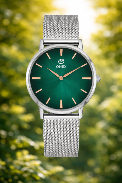 ONEX Men’s Analog Watch with Green Sunray Dial & Silver Stainless Steel Mesh Strap | Minimal Classic Design