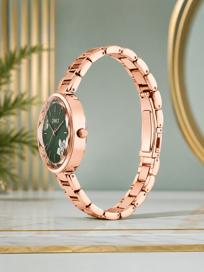 ONEX Women's Rose Gold Analog Watch | Floral Sunray Green Dial | Premium Bracelet Strap | Quartz Movement | Elegant Dress Watch