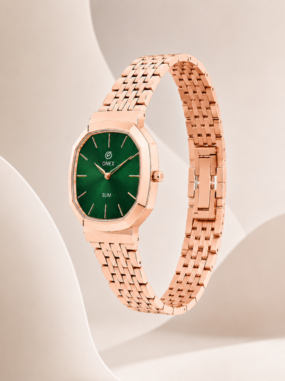Onex Slim Rose Gold Stainless Steel Analog Watch for Women | Green Sunray Dial | Elegant Bracelet Strap