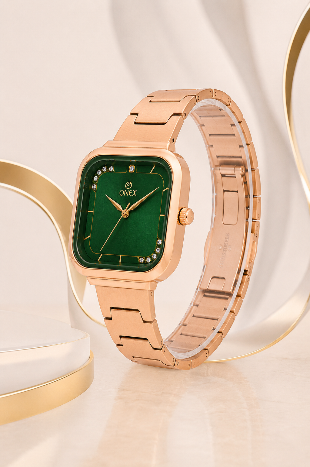 ONEX Rose Gold Square Dial Analog Watch for Women | Crystal Accent Dial | Metal Strap