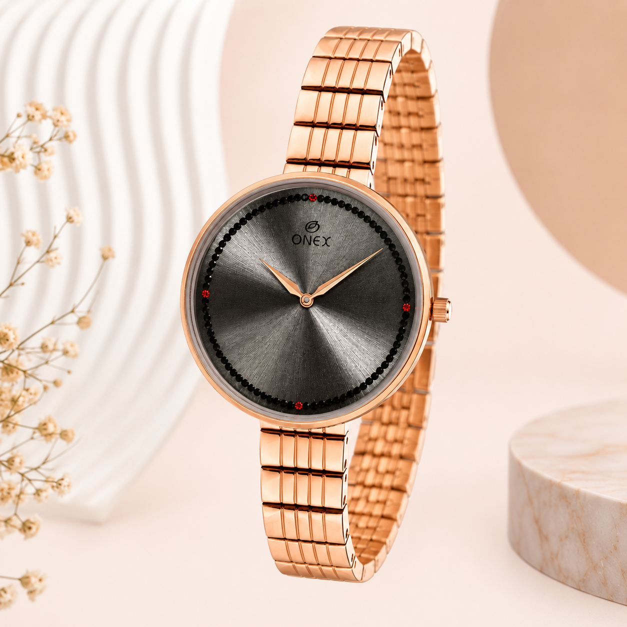 ONEX Elegant Rose Gold Women’s Watch | Grey Sunray Dial with Crystal Ring
