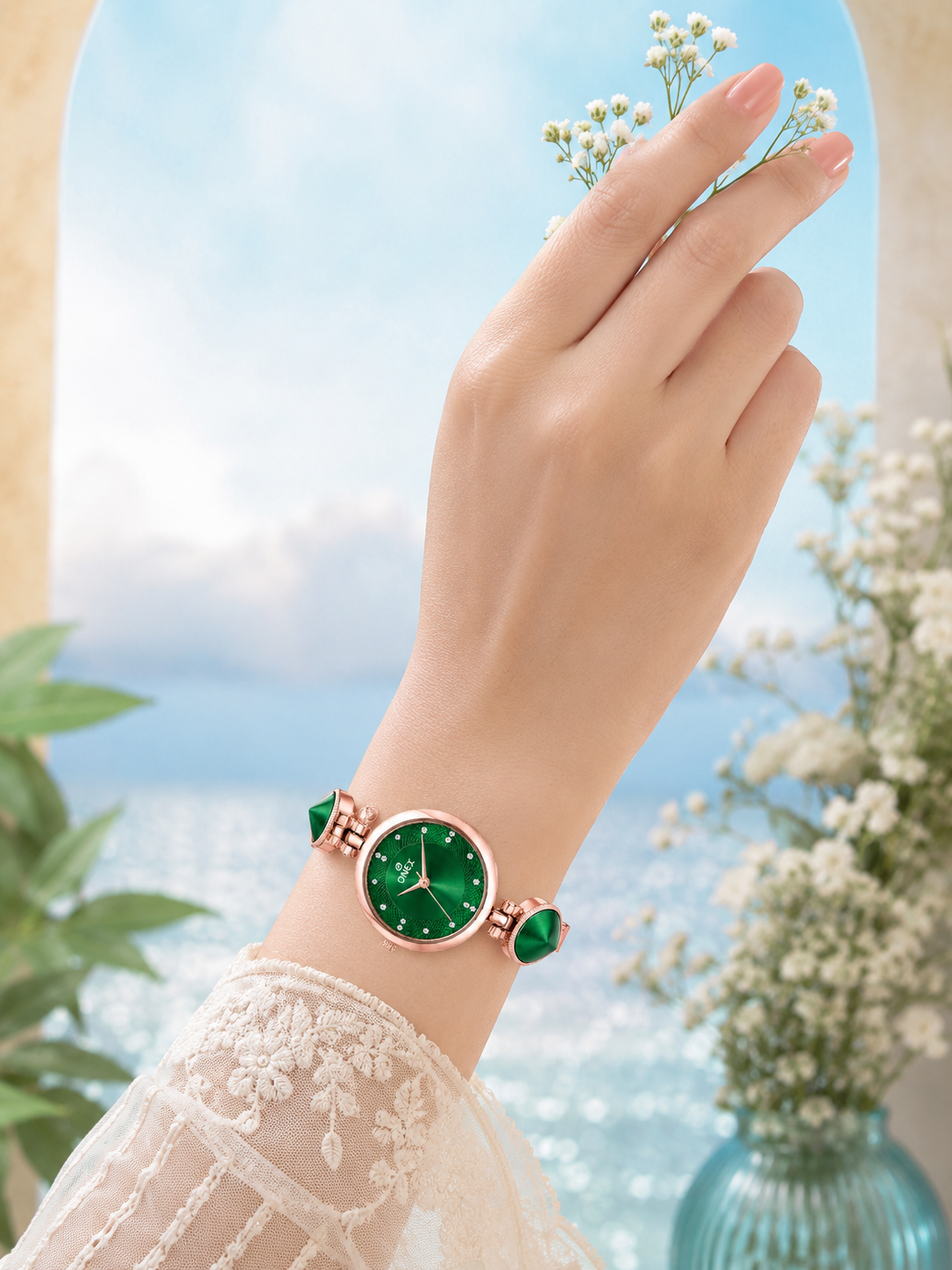 Onex Women’s Rose Gold Designer Bracelet Watch with Green Textured Dial