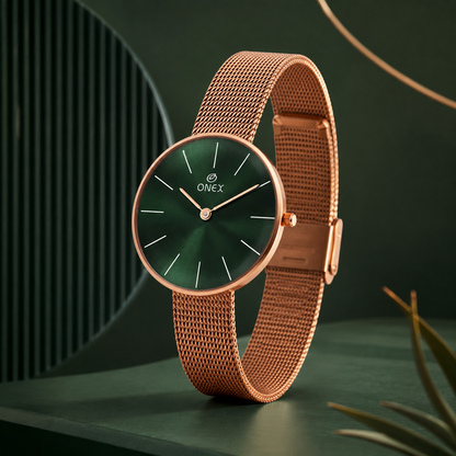 ONEX Women’s Rose Gold Analog Watch with Minimalist Dial & Mesh Metal Strap