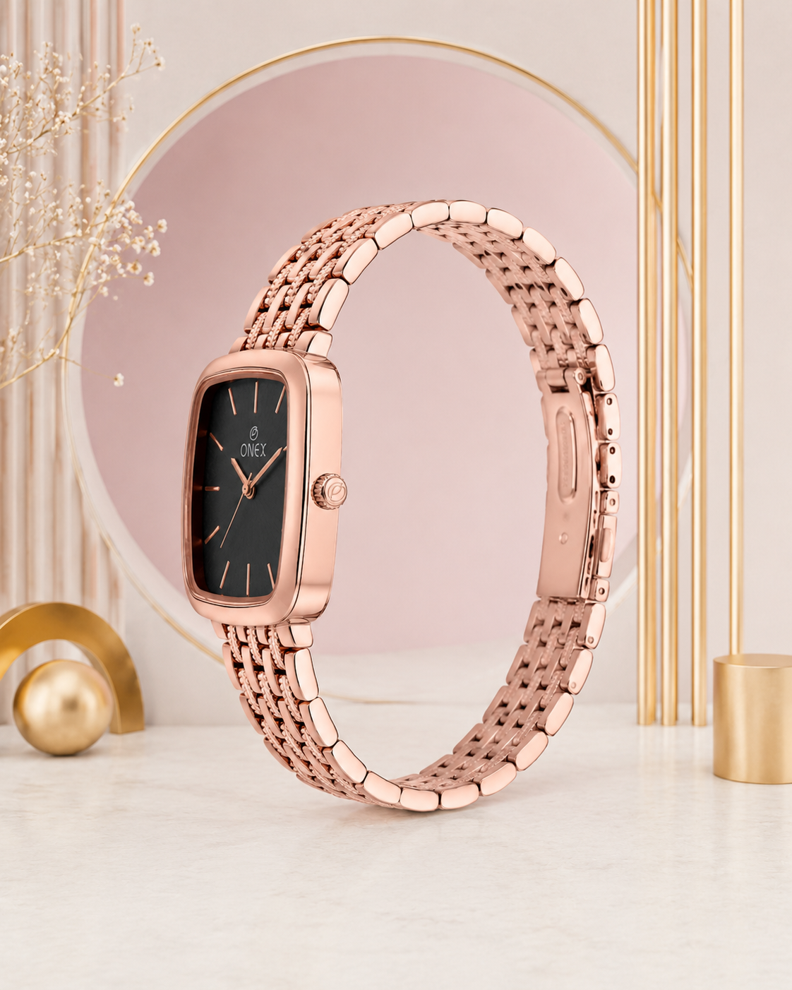 ONEX Women's Analog Rose Gold Stainless Steel Bracelet Watch | Square Black Dial | Elegant Casual & Party Wear Wrist Watch for Women
