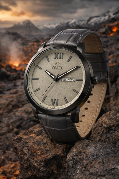 ONEX Men's Day & Date Analog Watch – Grey Dial, Black Case & Grey Leather Strap