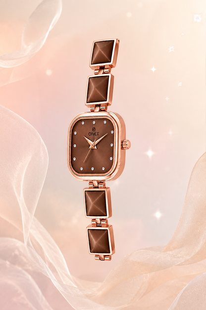 ONEX Women’s Rose Gold Square Dial Bracelet Watch with Crystal Studded Brown Dial