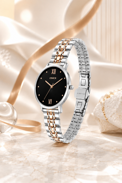 ONEX Women's Analog Wrist Watch for women | Two Tone Stainless Steel Bracelet Strap | Black Sunray Dial | Premium Casual & Formal Watch