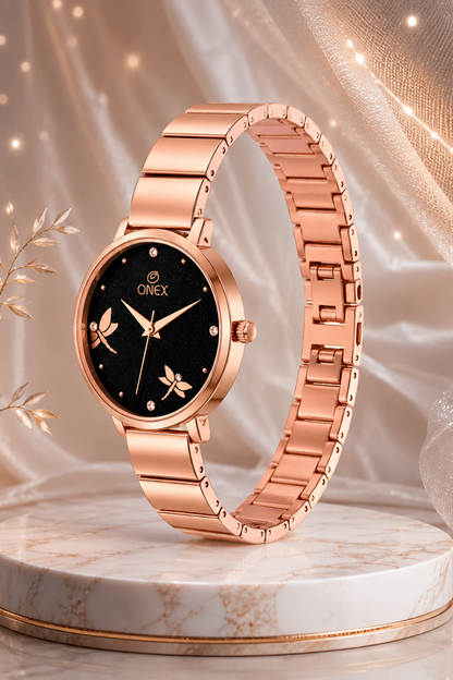 Onex Women’s Rose Gold Bracelet Watch with Crystal Markers & Dragonfly Dial