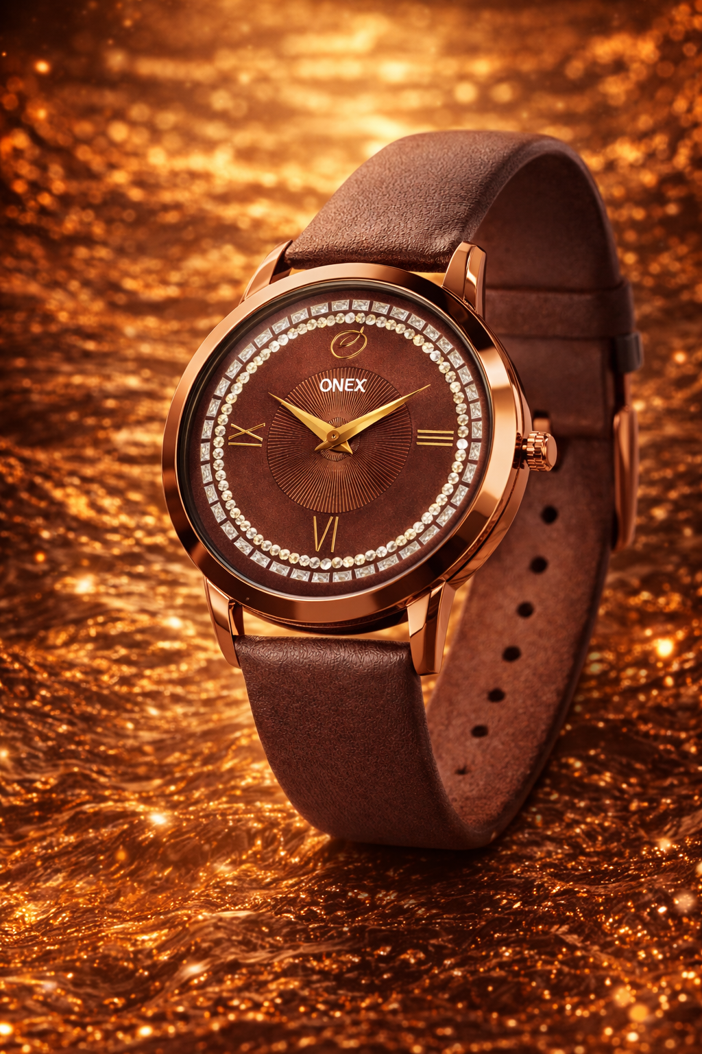 ONEX Men’s Analog Watch with Brown Dial, Crystal Studded Bezel & Brown Leather Strap – Stylish Casual & Formal Wrist Watch for Men