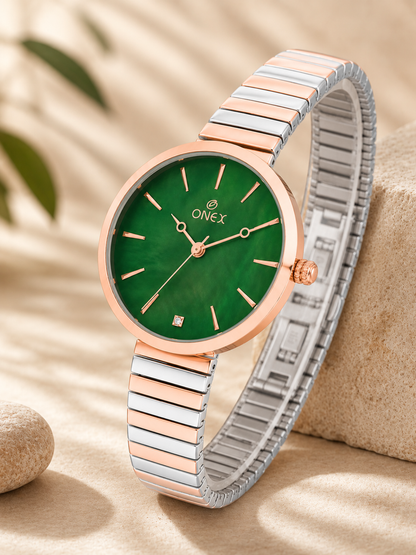 Onex Women’s Rose Gold Green Pearl Dial Slim Bracelet Watch