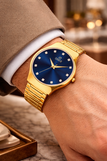 ONEX Premium Gold-Tone Analog Watch with Blue Sunray Dial & Crystal Hour Markers