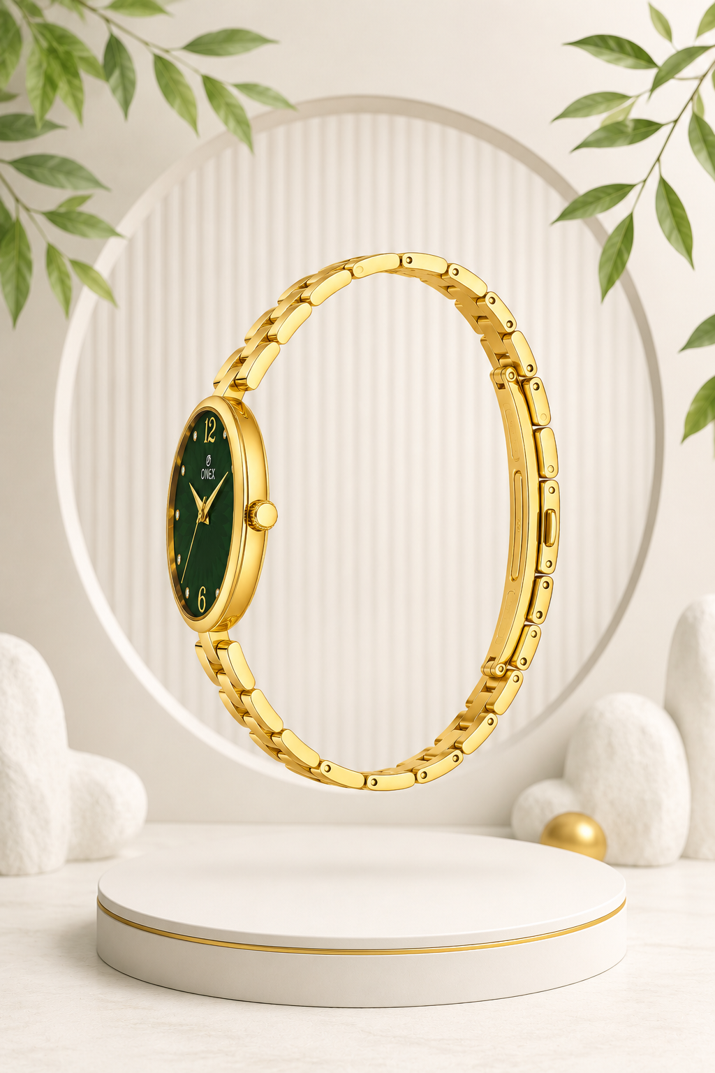 ONEX Women’s Gold-Tone Designer Bracelet Watch with Crystal Studded Dial Green