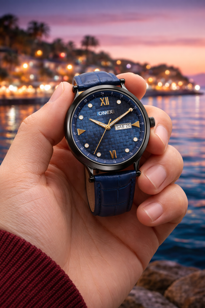 ONEX Men’s Analog Watch with Day & Date Display, Blue Textured Dial, Blue Leather Strap, Roman Index – Stylish Formal Wrist Watch for Men