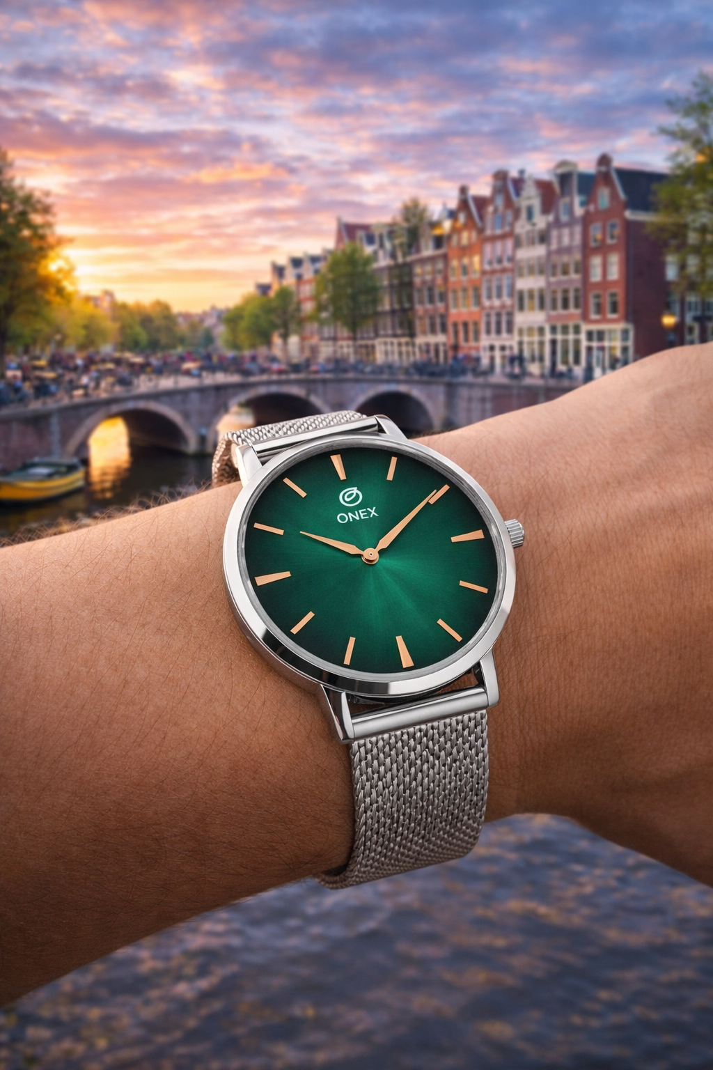 ONEX Men’s Analog Watch with Green Sunray Dial & Silver Stainless Steel Mesh Strap | Minimal Classic Design