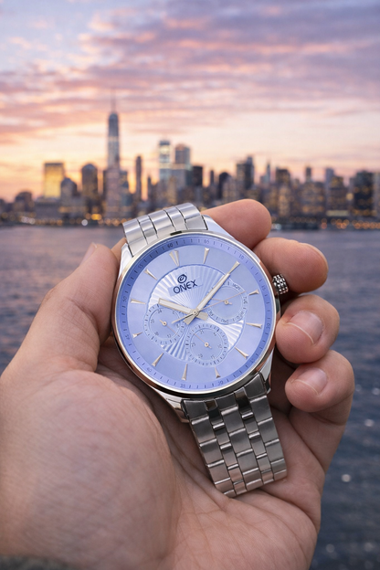 ONEX Men's Premium Multifunction Analog Watch for Men | light blue Sunray Dial | Silver Stainless Steel Bracelet | Quartz Movement | Stylish Casual & Formal Wrist Watch