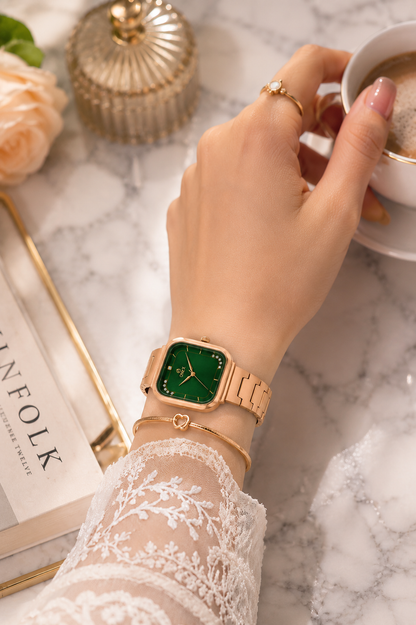 ONEX Rose Gold Square Dial Analog Watch for Women | Crystal Accent Dial | Metal Strap