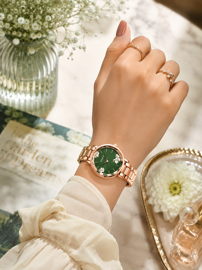 ONEX Women's Rose Gold Analog Watch | Floral Sunray Green Dial | Premium Bracelet Strap | Quartz Movement | Elegant Dress Watch