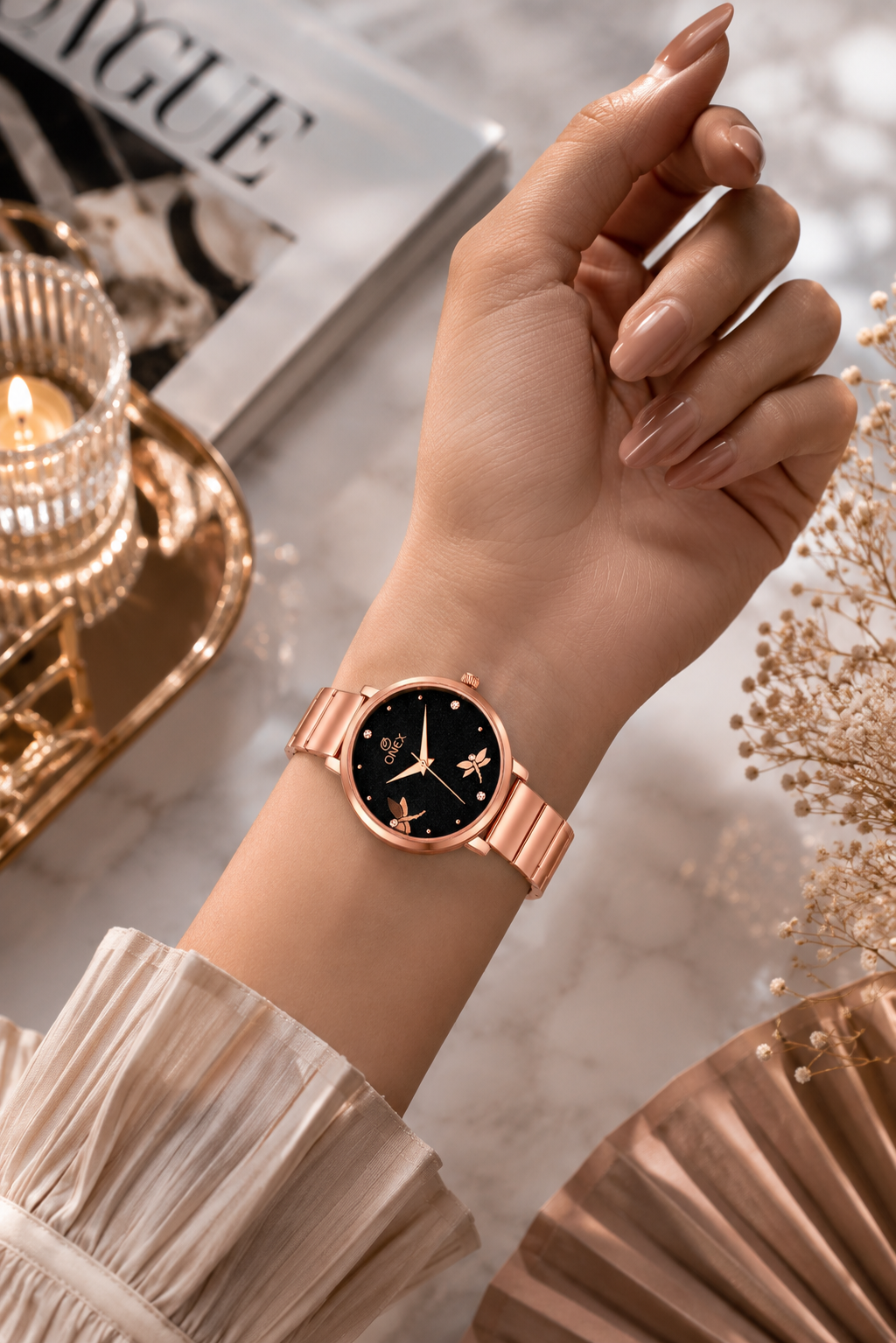 Onex Women’s Rose Gold Bracelet Watch with Crystal Markers & Dragonfly Dial