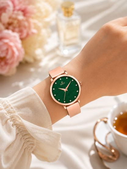 ONEX Women's Rose Gold Stainless Steel Analog Watch | Textured Green Dial with Crystal Hour Markers | Elegant Bracelet Strap | Fashion Wrist Watch for Women