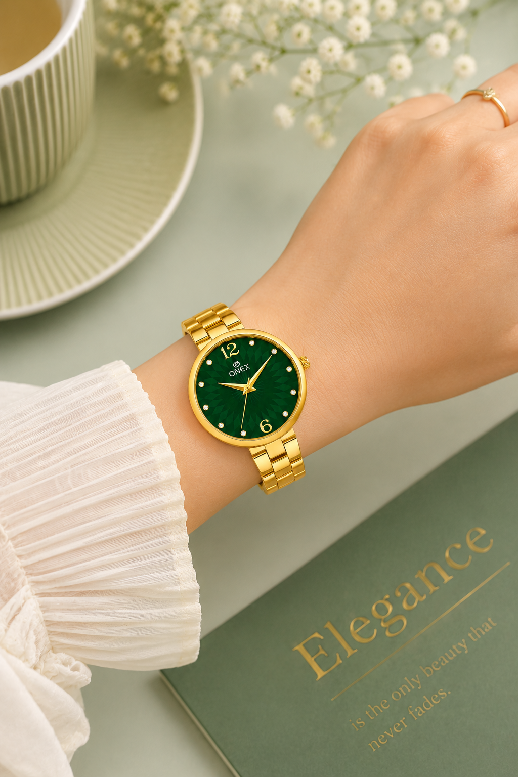ONEX Women’s Gold-Tone Designer Bracelet Watch with Crystal Studded Dial Green