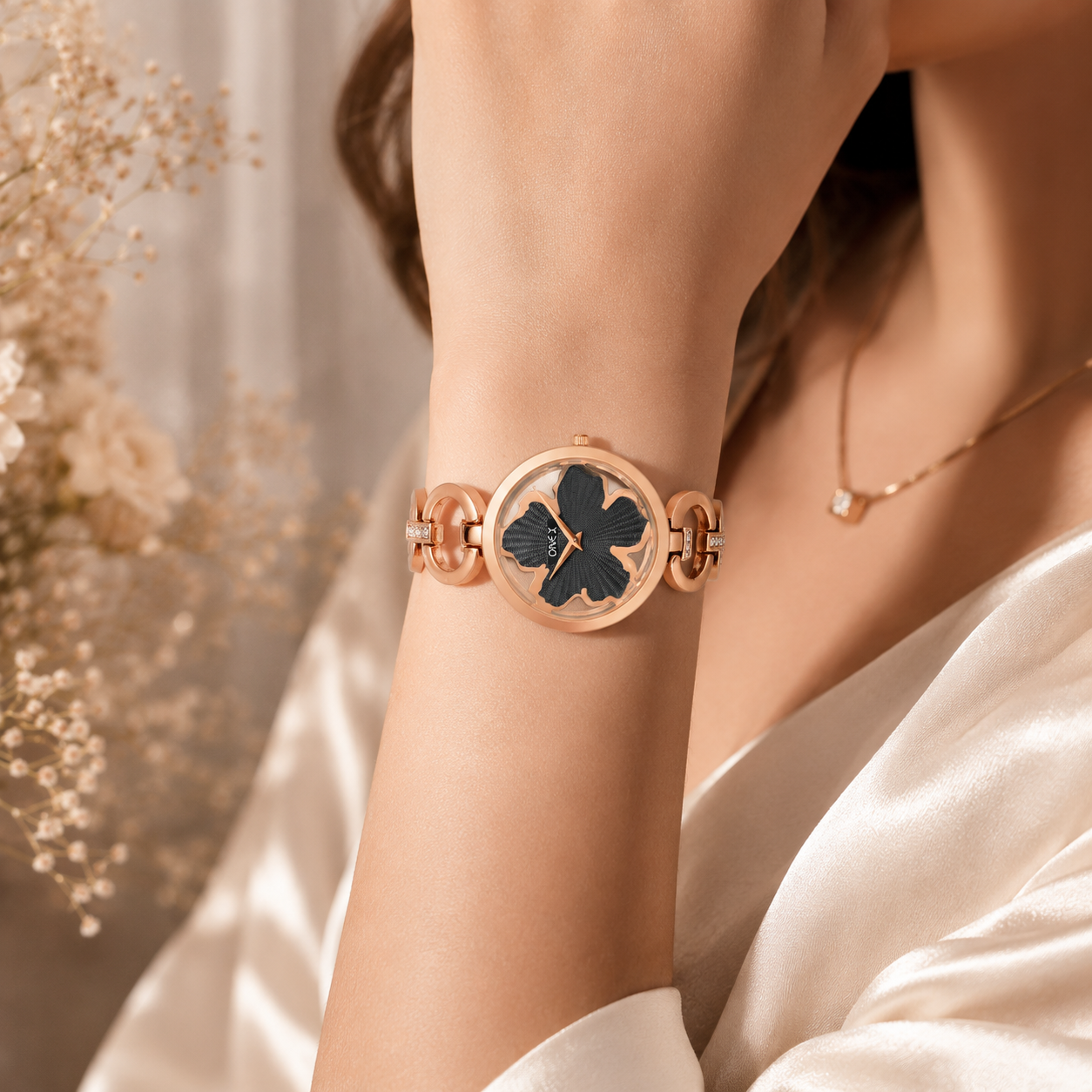 ONEX Rose Gold Women’s Bracelet Watch with Black Textured Dial & Crystal Accents