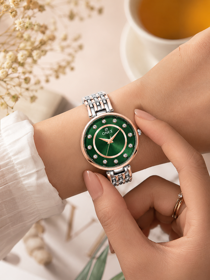 Onex Women’s Green Analog Watch with Crystal Studded Dial & Dual Tone Bracelet Strap