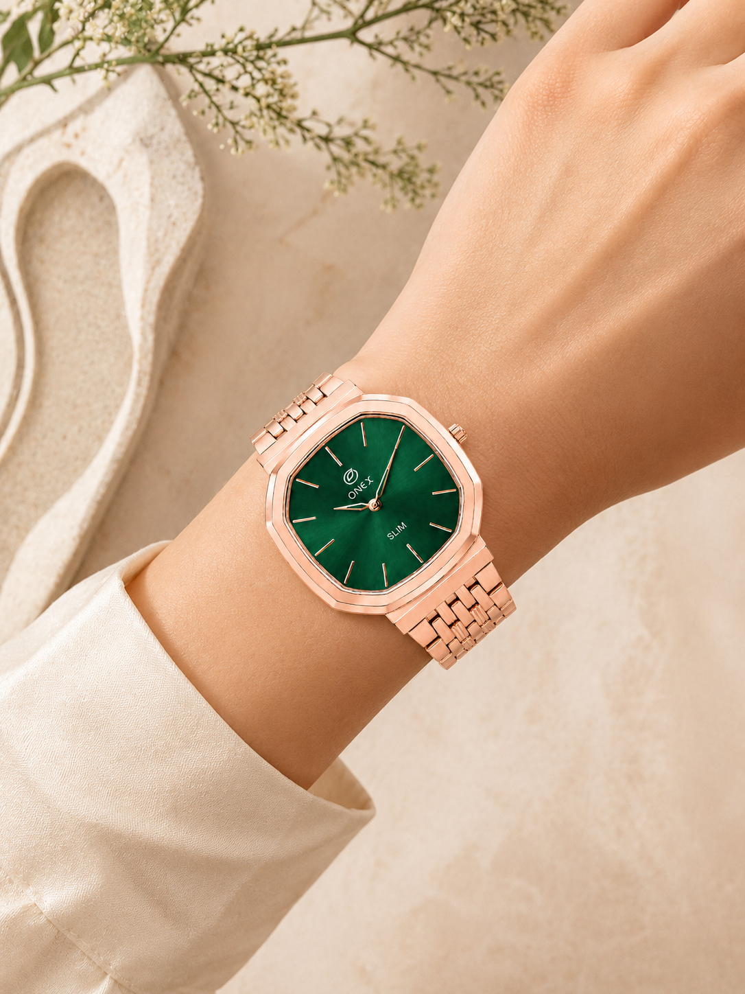 Onex Slim Rose Gold Stainless Steel Analog Watch for Women | Green Sunray Dial | Elegant Bracelet Strap