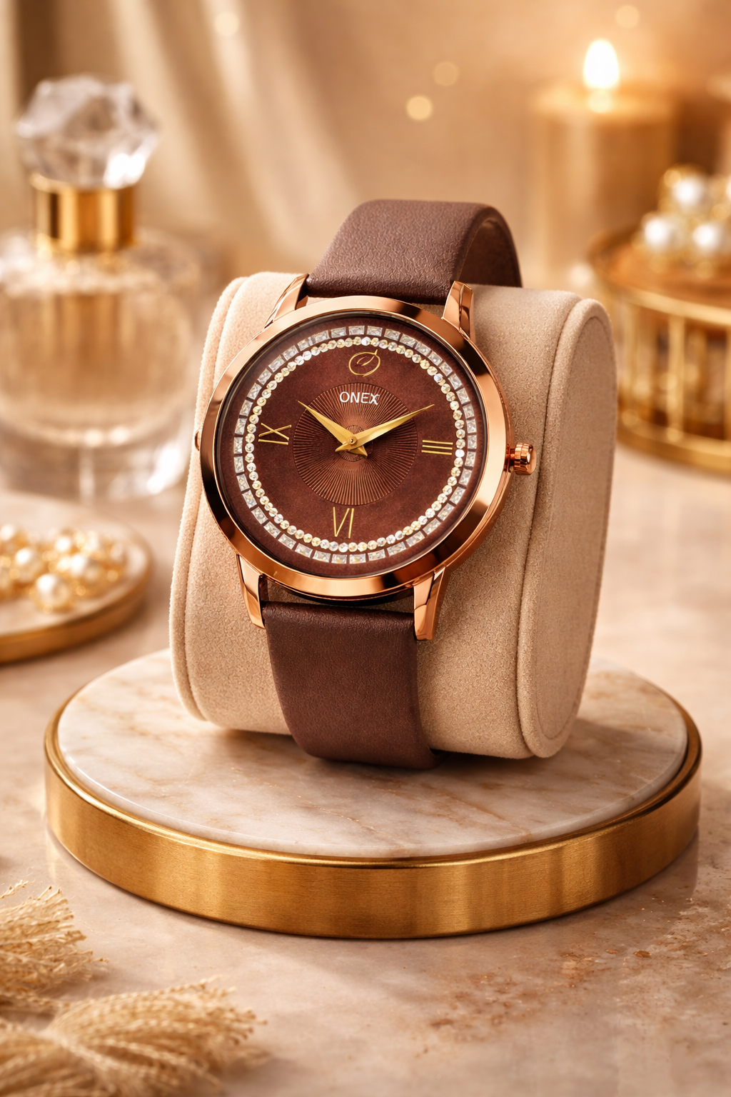 ONEX Men’s Analog Watch with Brown Dial, Crystal Studded Bezel & Brown Leather Strap – Stylish Casual & Formal Wrist Watch for Men