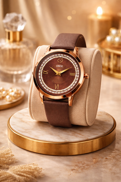 ONEX Men’s Analog Watch with Brown Dial, Crystal Studded Bezel & Brown Leather Strap – Stylish Casual & Formal Wrist Watch for Men