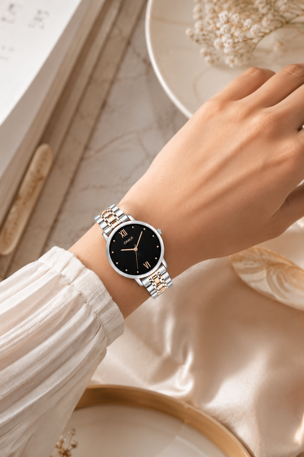 ONEX Women's Analog Wrist Watch for women | Two Tone Stainless Steel Bracelet Strap | Black Sunray Dial | Premium Casual & Formal Watch