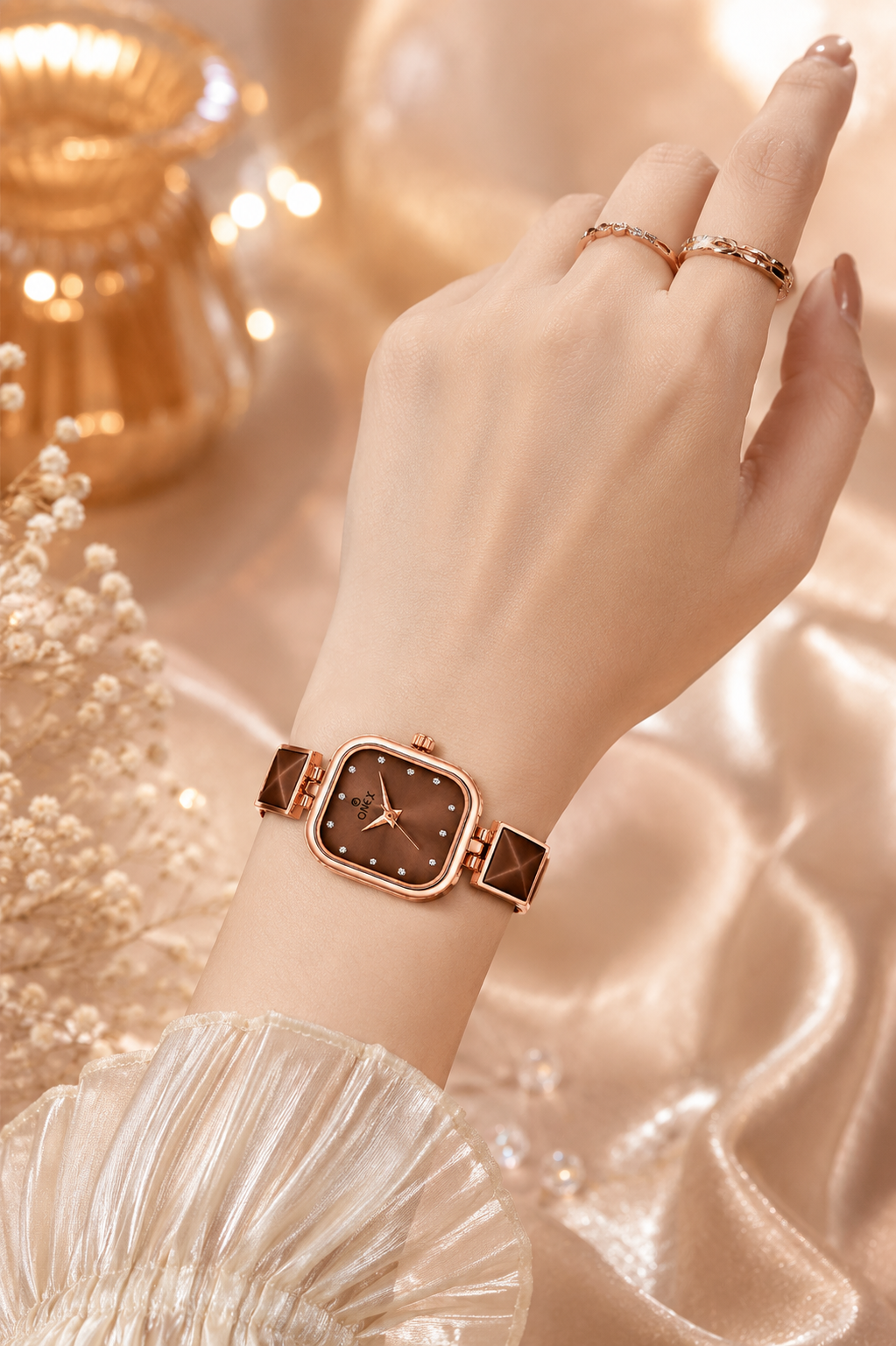 ONEX Women’s Rose Gold Square Dial Bracelet Watch with Crystal Studded Brown Dial