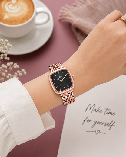 ONEX Women's Analog Rose Gold Stainless Steel Bracelet Watch | Square Black Dial | Elegant Casual & Party Wear Wrist Watch for Women