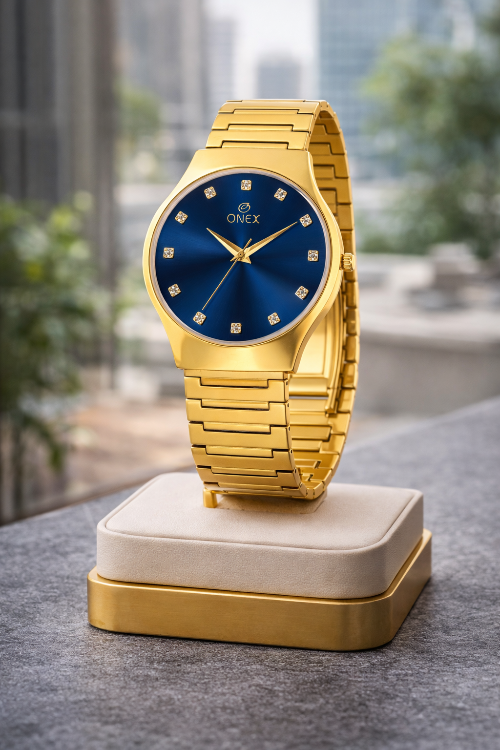 ONEX Premium Gold-Tone Analog Watch with Blue Sunray Dial & Crystal Hour Markers