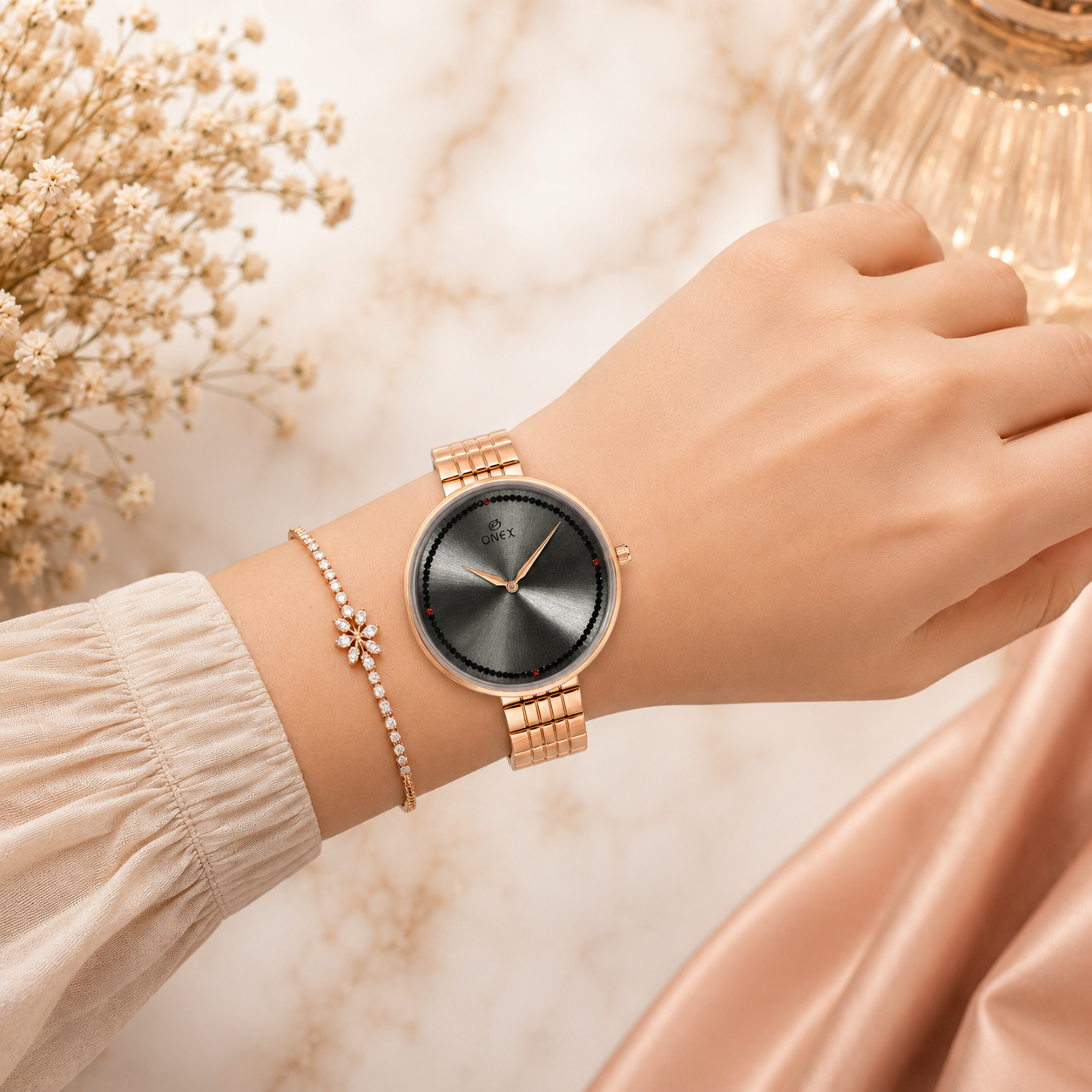 ONEX Elegant Rose Gold Women’s Watch | Grey Sunray Dial with Crystal Ring