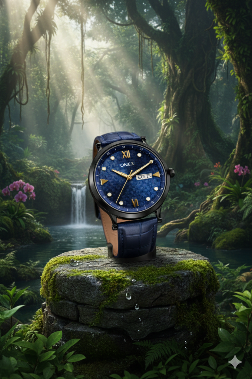 ONEX Men’s Analog Watch with Day & Date Display, Blue Textured Dial, Blue Leather Strap, Roman Index – Stylish Formal Wrist Watch for Men