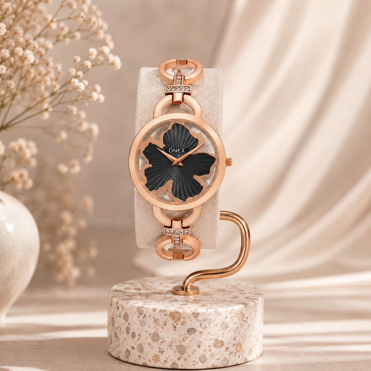 ONEX Rose Gold Women’s Bracelet Watch with Black Textured Dial & Crystal Accents