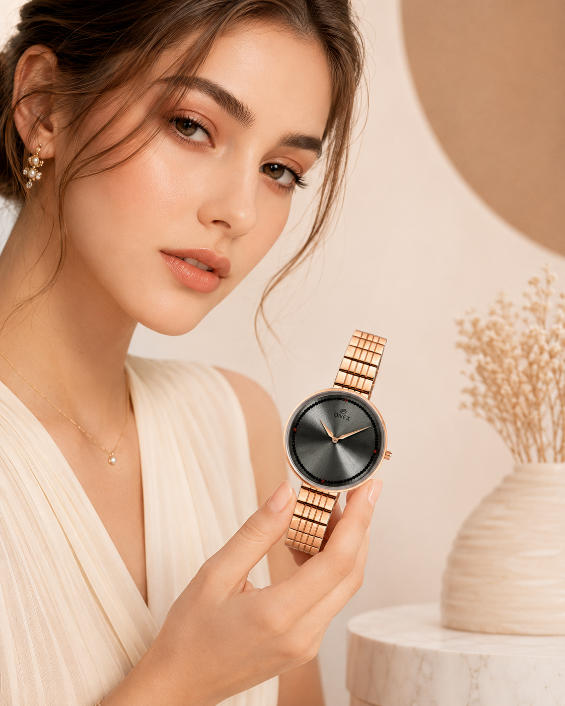 ONEX Elegant Rose Gold Women’s Watch | Grey Sunray Dial with Crystal Ring