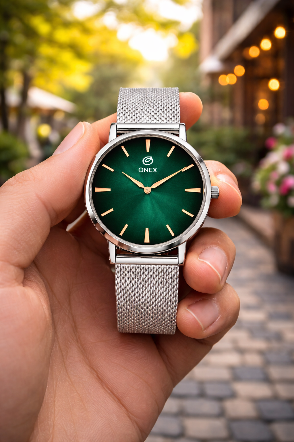 ONEX Men’s Analog Watch with Green Sunray Dial & Silver Stainless Steel Mesh Strap | Minimal Classic Design