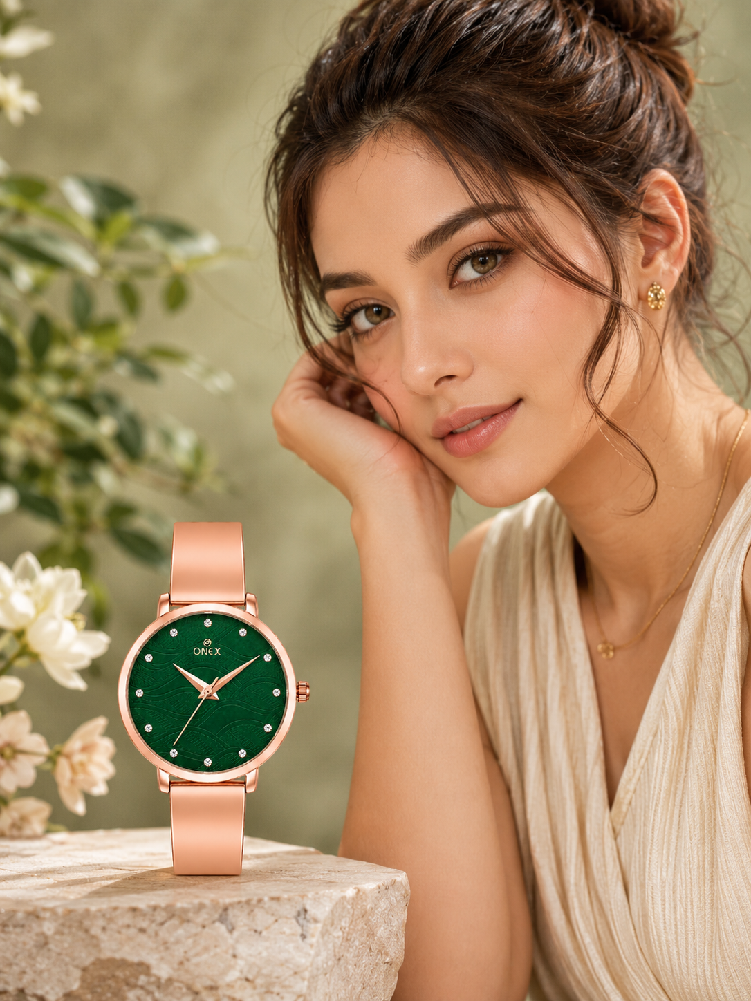 ONEX Women's Rose Gold Stainless Steel Analog Watch | Textured Green Dial with Crystal Hour Markers | Elegant Bracelet Strap | Fashion Wrist Watch for Women