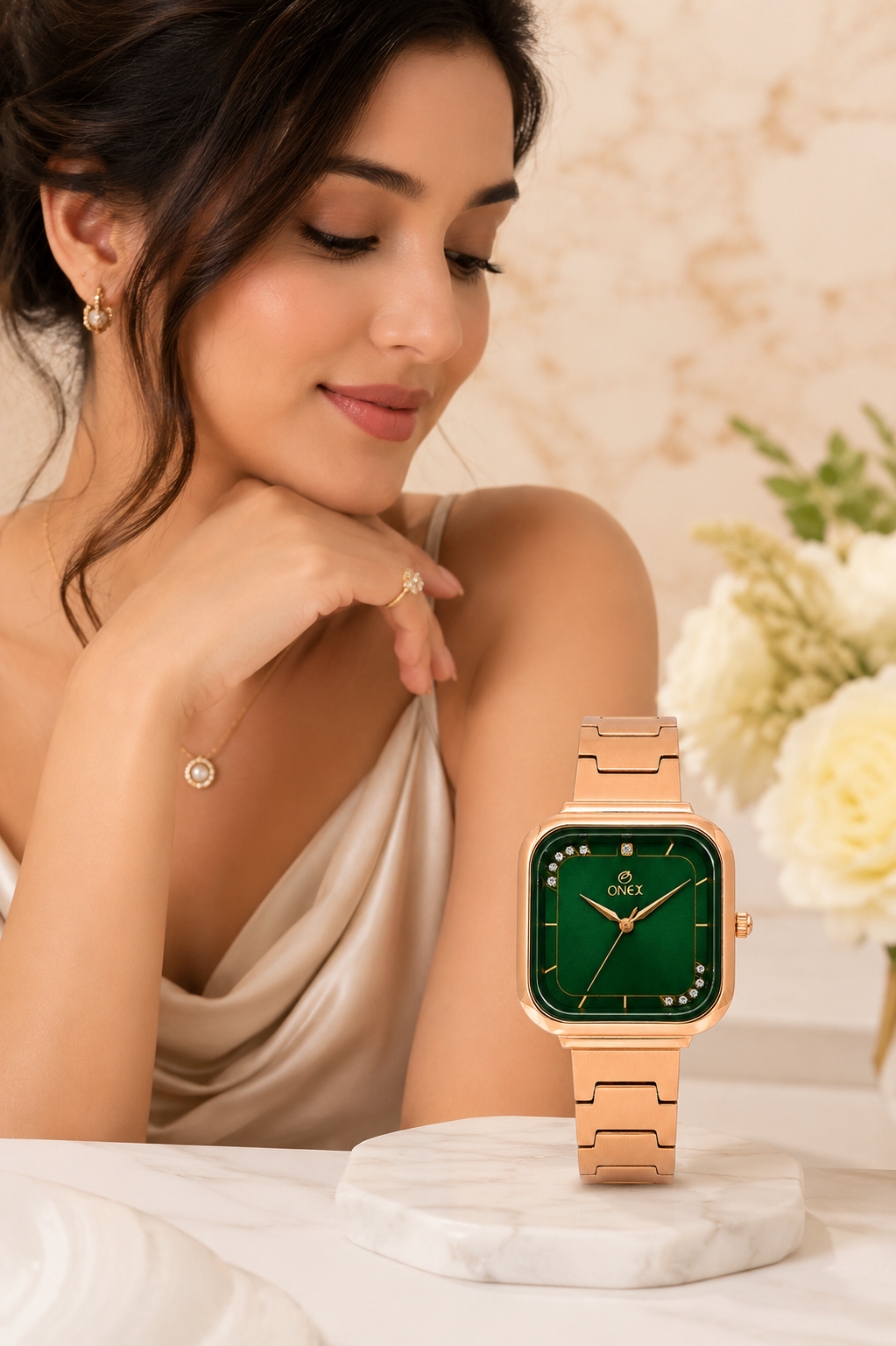 ONEX Rose Gold Square Dial Analog Watch for Women | Crystal Accent Dial | Metal Strap