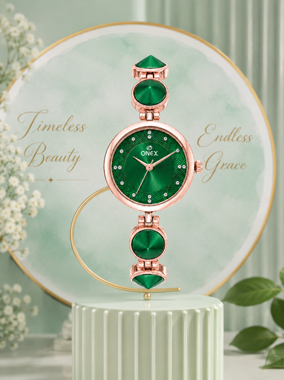 Onex Women’s Rose Gold Designer Bracelet Watch with Green Textured Dial