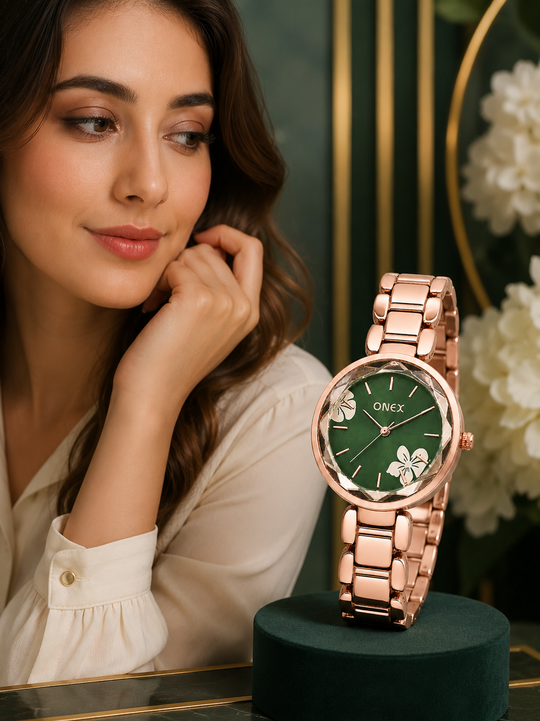 ONEX Women's Rose Gold Analog Watch | Floral Sunray Green Dial | Premium Bracelet Strap | Quartz Movement | Elegant Dress Watch