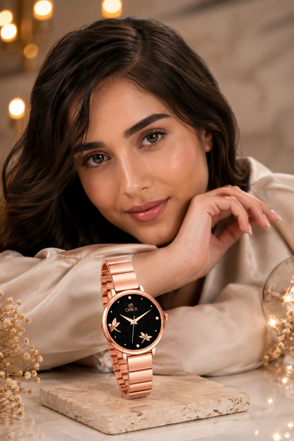 Onex Women’s Rose Gold Bracelet Watch with Crystal Markers & Dragonfly Dial