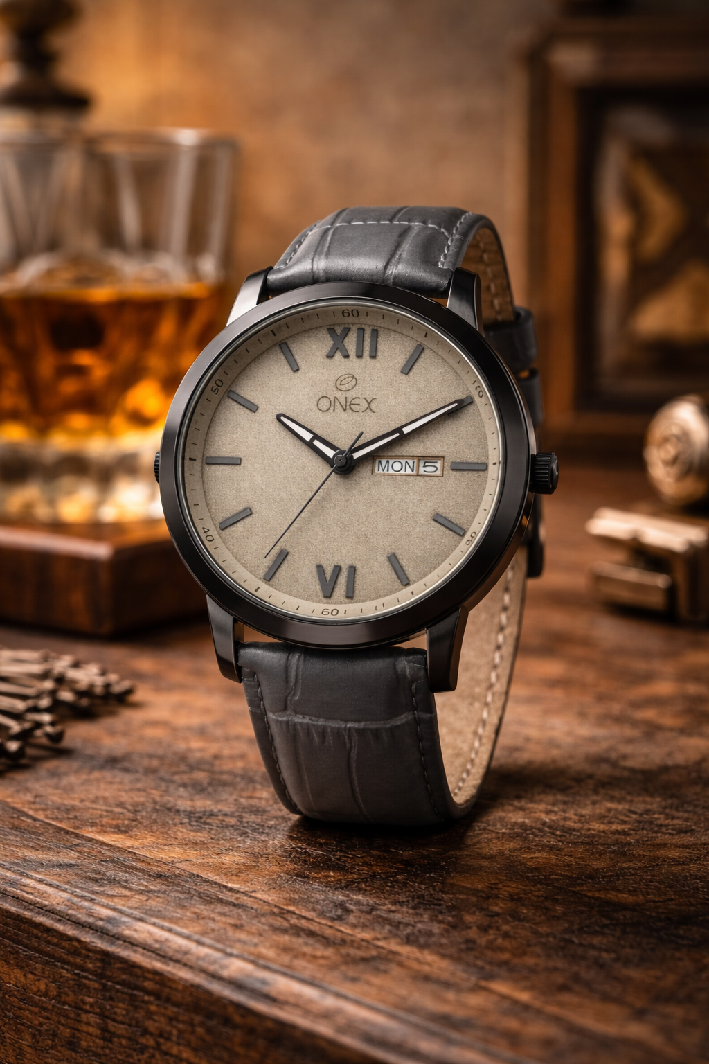 ONEX Men's Day & Date Analog Watch – Grey Dial, Black Case & Grey Leather Strap